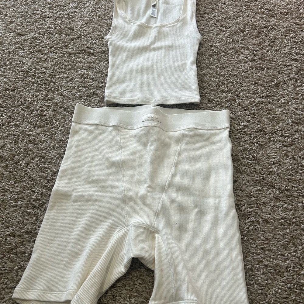 SKIMS White Ribbed Tank and Shorts Set